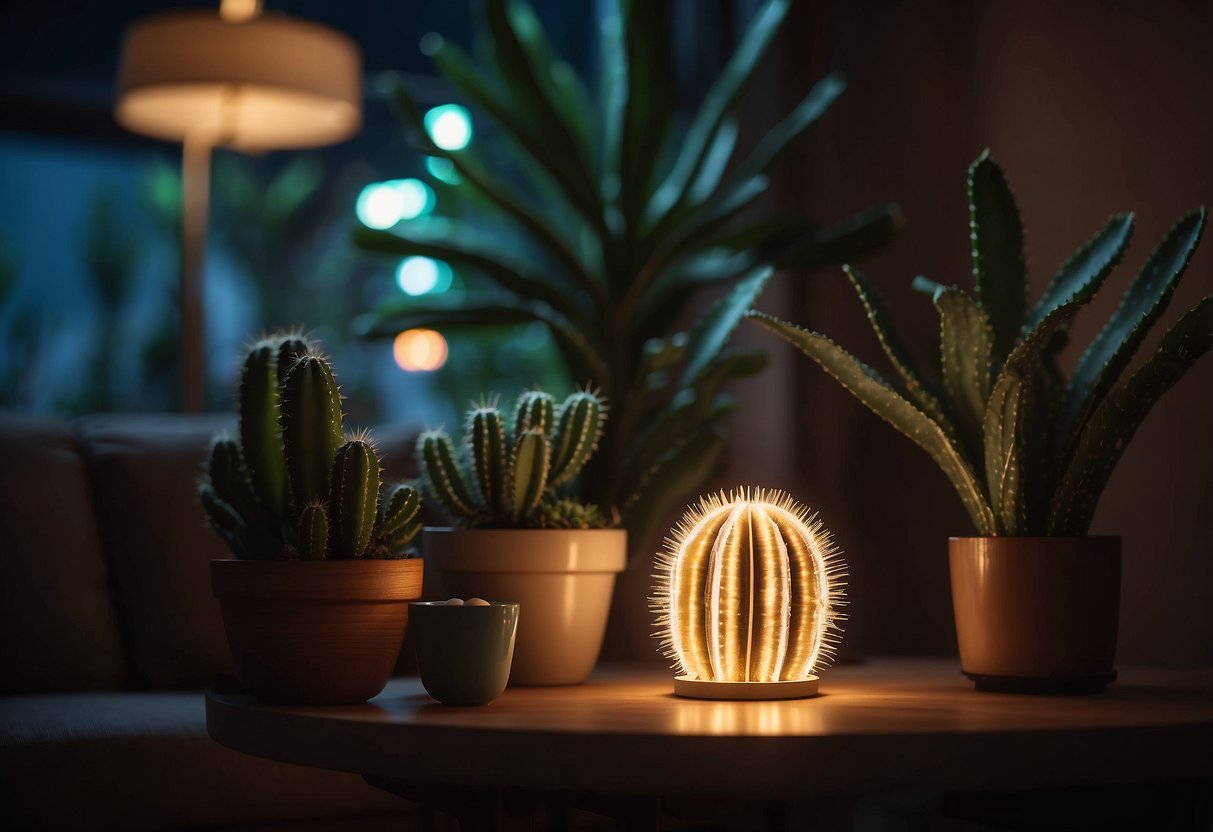 A neon cactus lamp illuminates a cozy living room corner, casting a playful and quirky glow on the surrounding decor