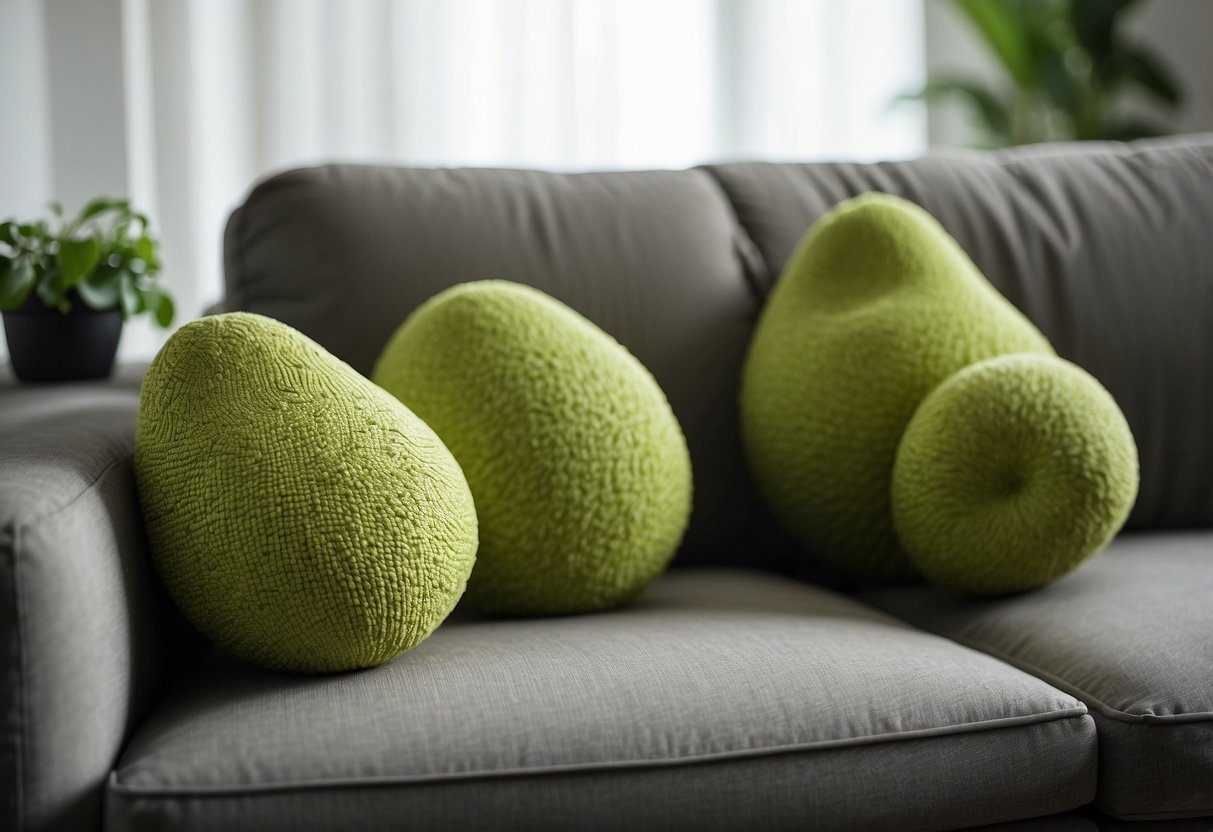 Avocado-shaped pillows arranged on a cozy couch in a bright, modern living room