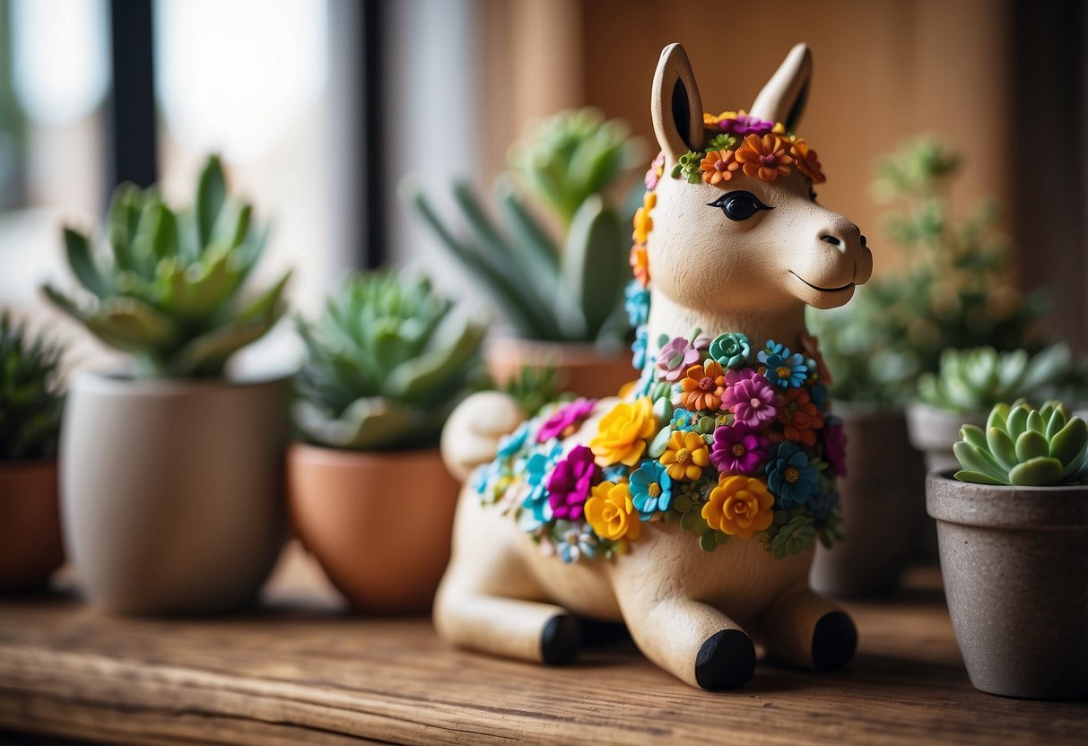 A llama-shaped planter sits on a rustic wooden shelf, surrounded by succulent plants and colorful flowers. The quirky home decor piece adds a touch of whimsy to the room