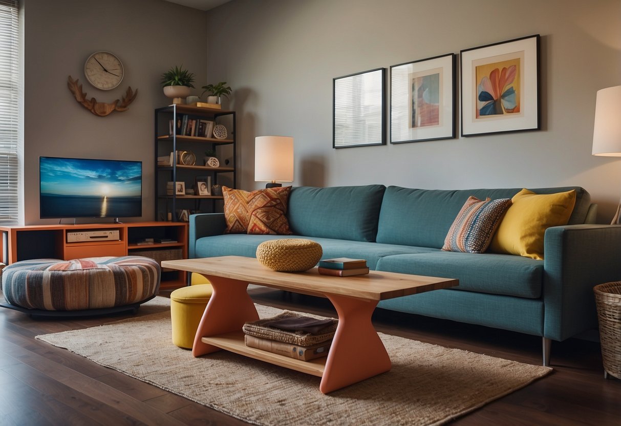 A living room with colorful, mismatched furniture and quirky wall art. Practical elements like storage ottomans and multipurpose tables are integrated seamlessly with the eccentric decor