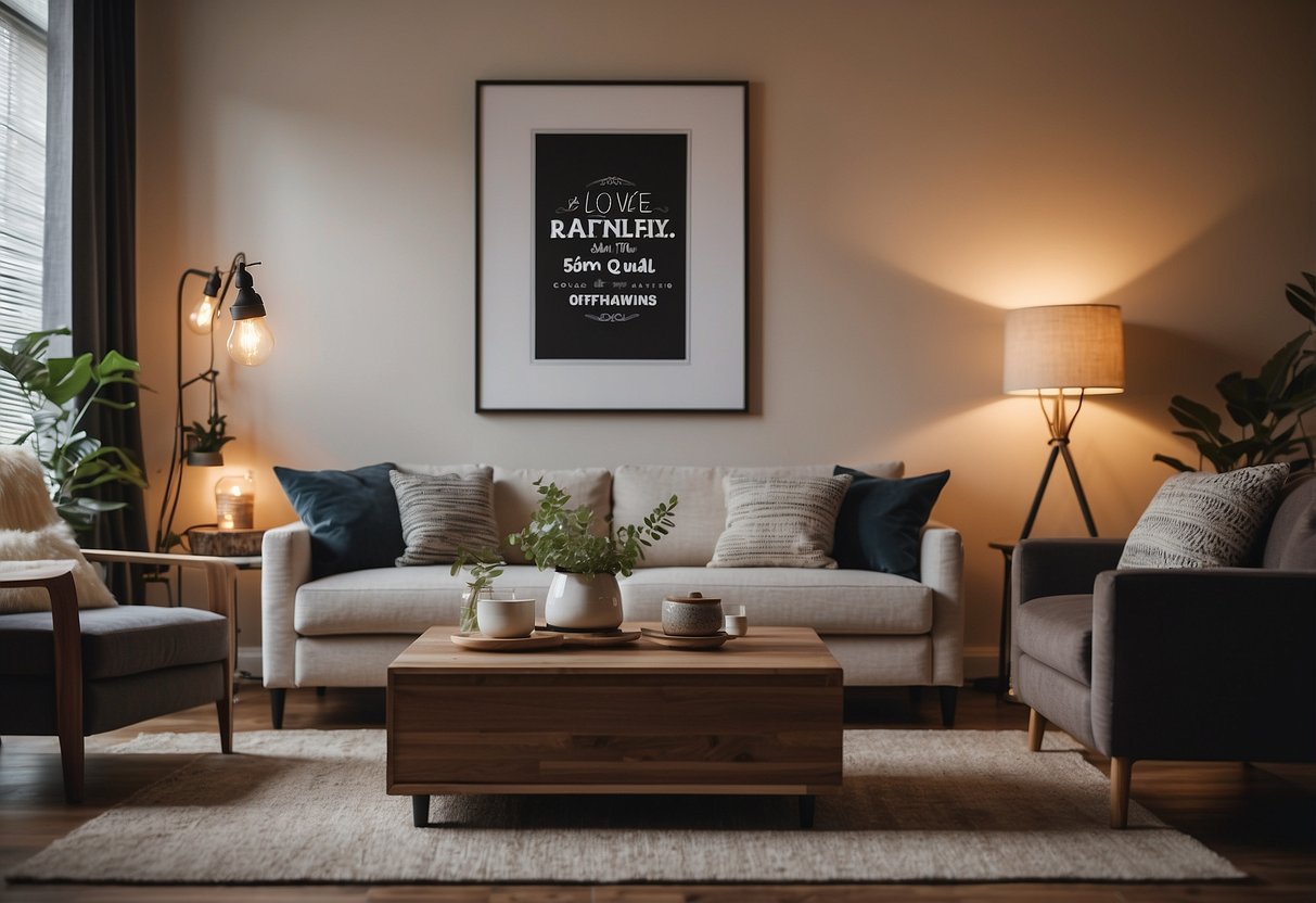 A cozy living room with a quote decal on the wall, surrounded by comfortable furniture and warm lighting