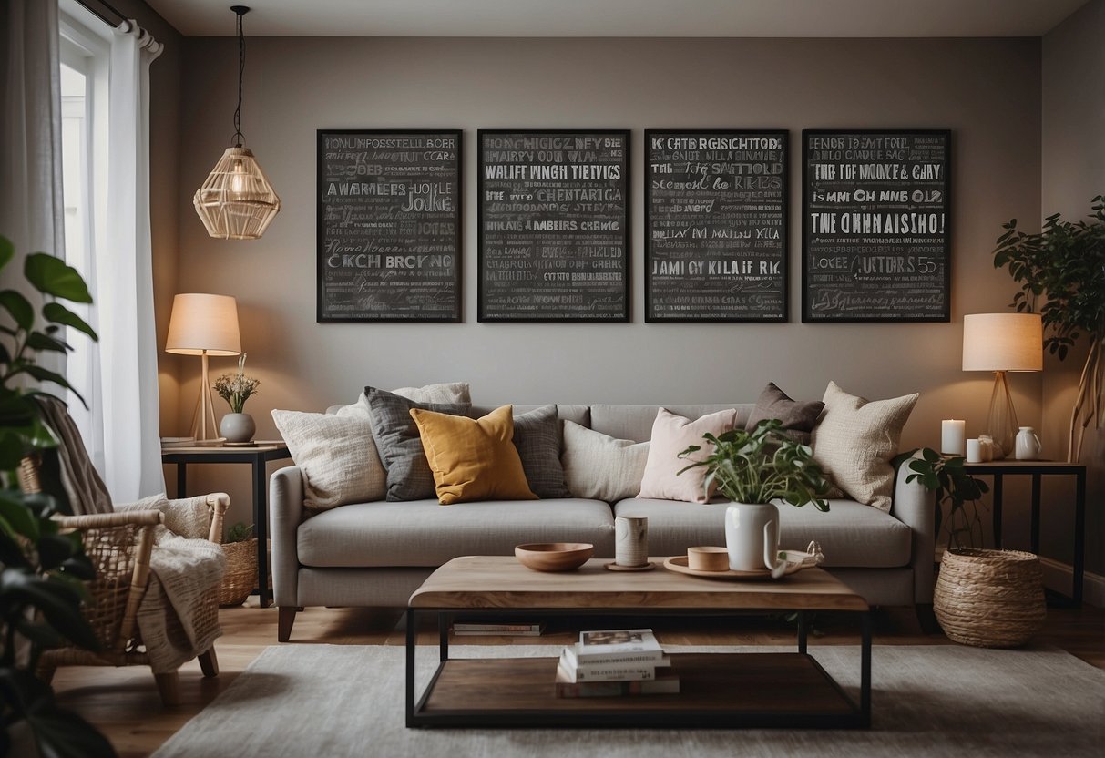 A cozy living room with a quote on the wall, surrounded by framed photos of happy memories