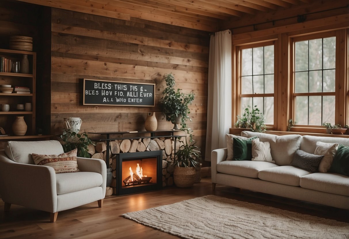 A cozy living room with a rustic wooden sign hanging on the wall, adorned with the quote "Bless this home and all who enter."