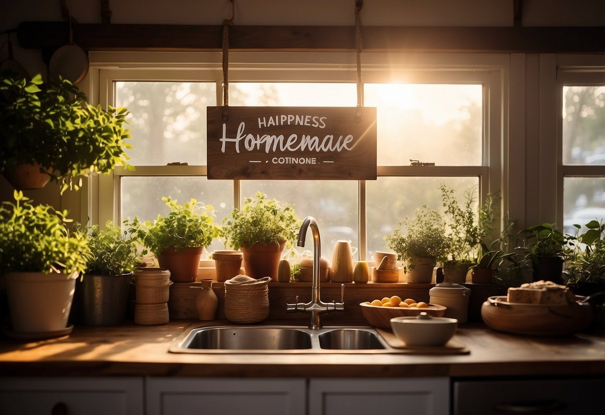 A cozy kitchen with a rustic wooden sign hanging on the wall, displaying the quote "Happiness is homemade." Sunlight streaming in through the window, casting a warm glow on the room