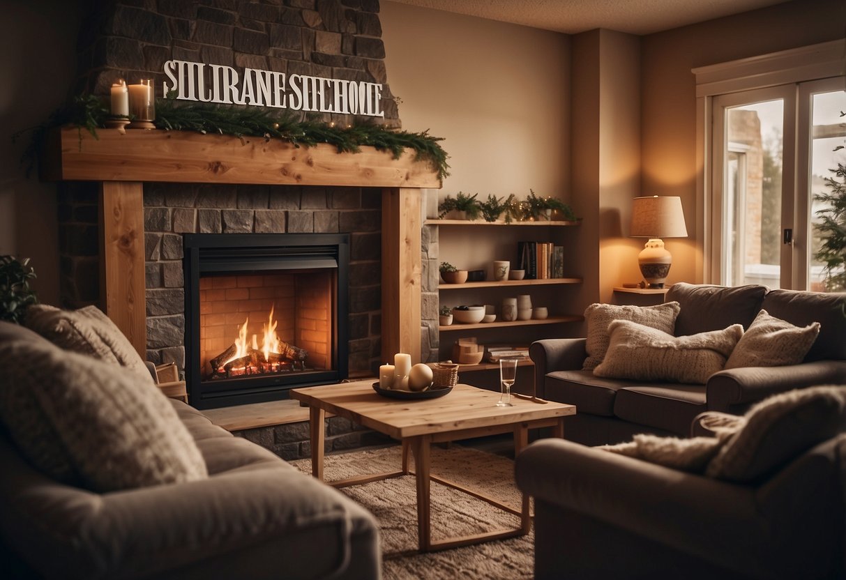 A cozy living room with a warm fireplace, soft lighting, and comfortable furniture, with a wall adorned with the quote "Home sweet home."