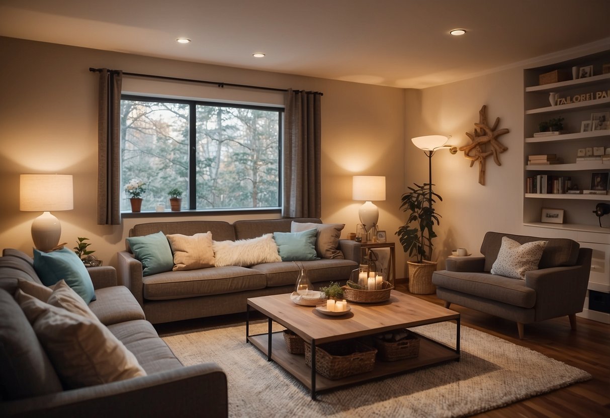 A cozy living room with "Live, laugh, love" quote on the wall. Warm lighting, comfortable furniture, and a homey atmosphere