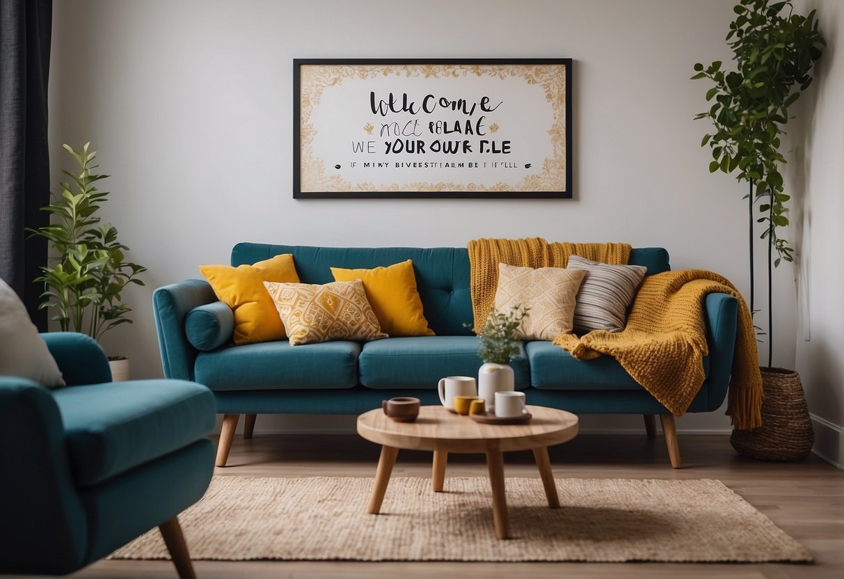 A cozy living room with a colorful, inviting atmosphere. A quote on the wall reads "Welcome to our happy place."