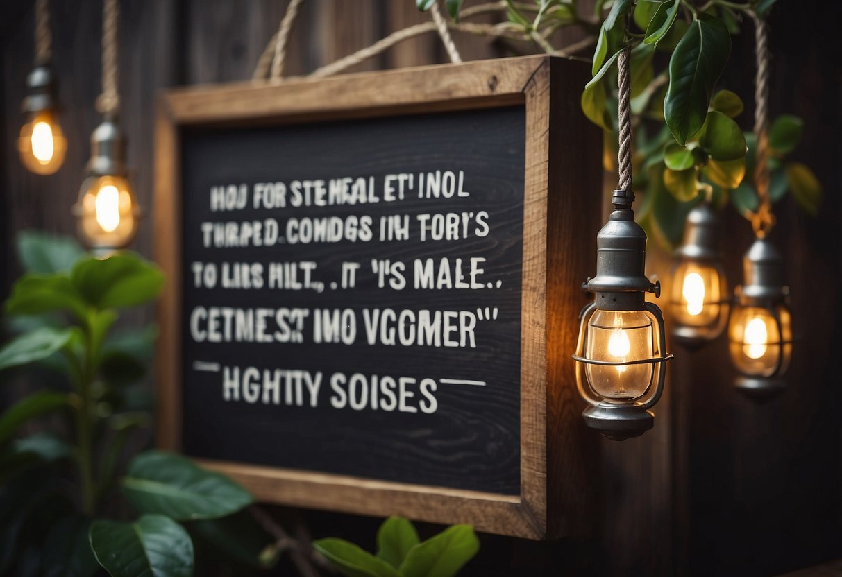 A motivational quote on a rustic wooden sign, surrounded by potted plants and hanging string lights