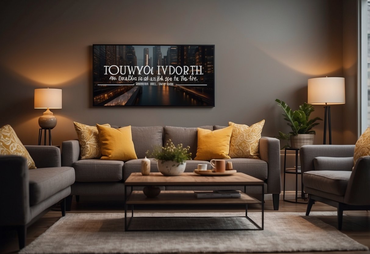 A cozy living room with a quote decal on the wall, surrounded by stylish furniture and warm lighting