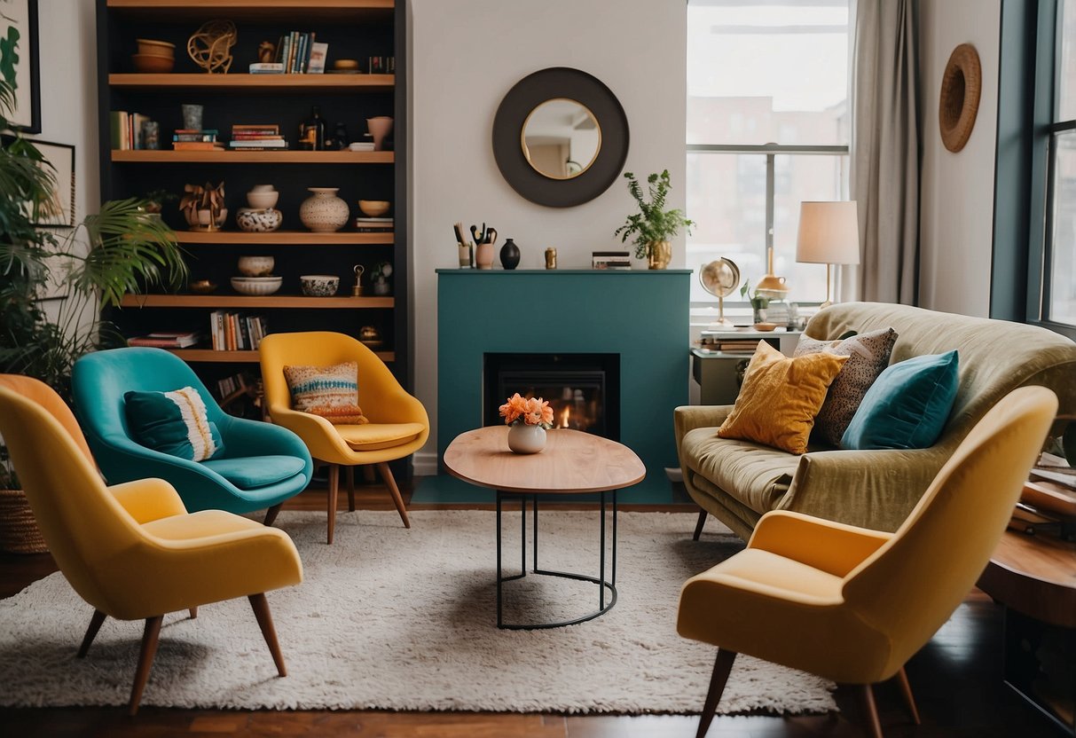 Colorful chairs, mismatched tables, and unique shelving create a playful and eclectic living room