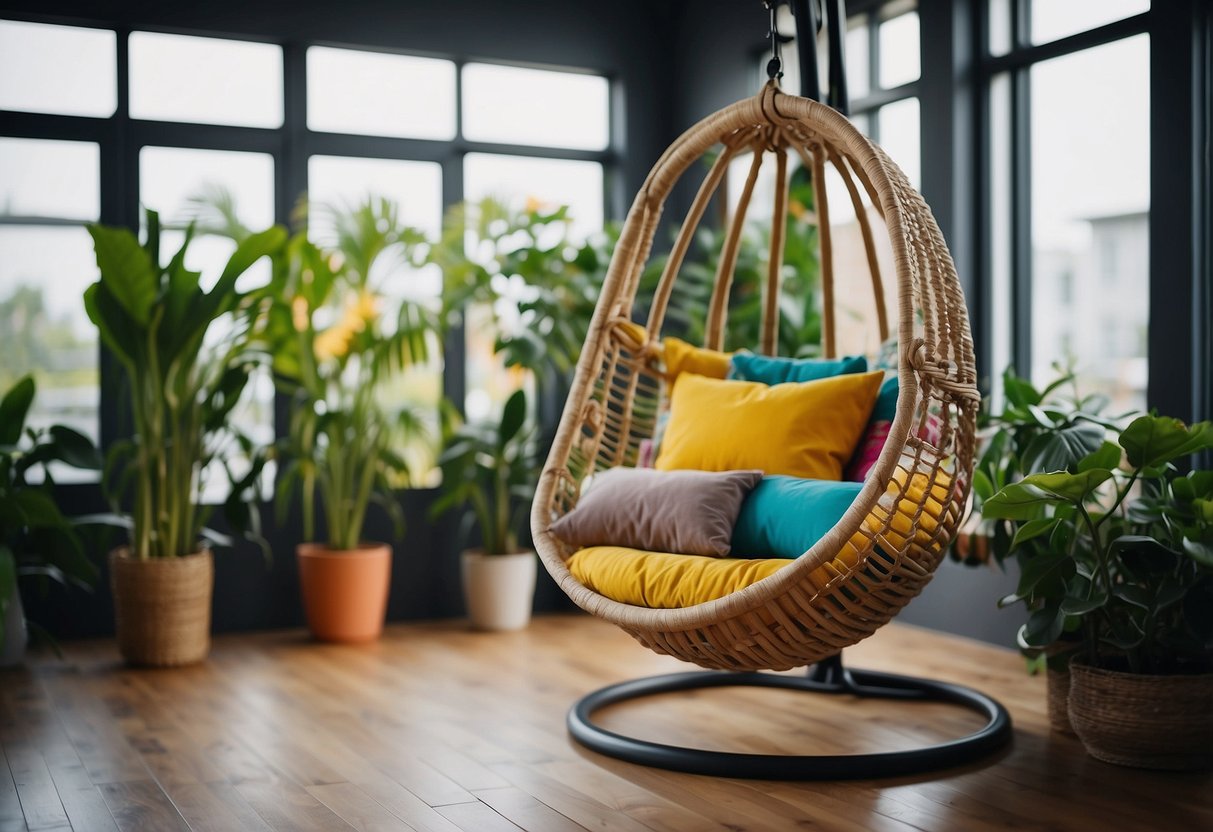 A swing chair hangs from a stand, surrounded by colorful pillows and plants, creating a cozy and quirky home decor idea