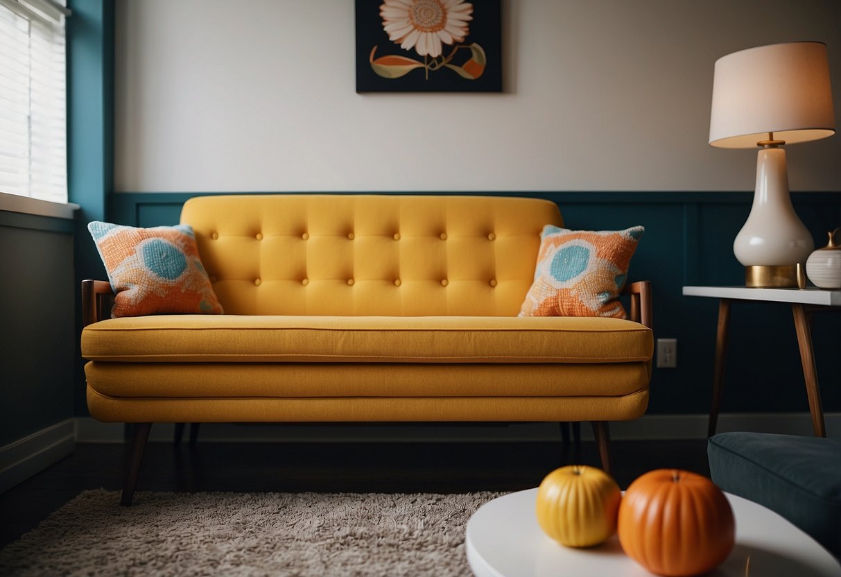 A sleek Mid-Century Modern sofa sits in a minimalist living room, surrounded by quirky decor and vibrant colors