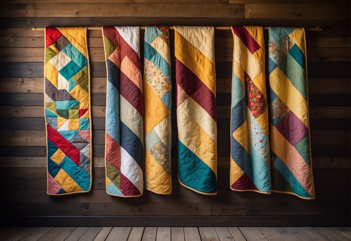 Colorful quilts hang on a rustic wooden wall, adding warmth and charm to the room