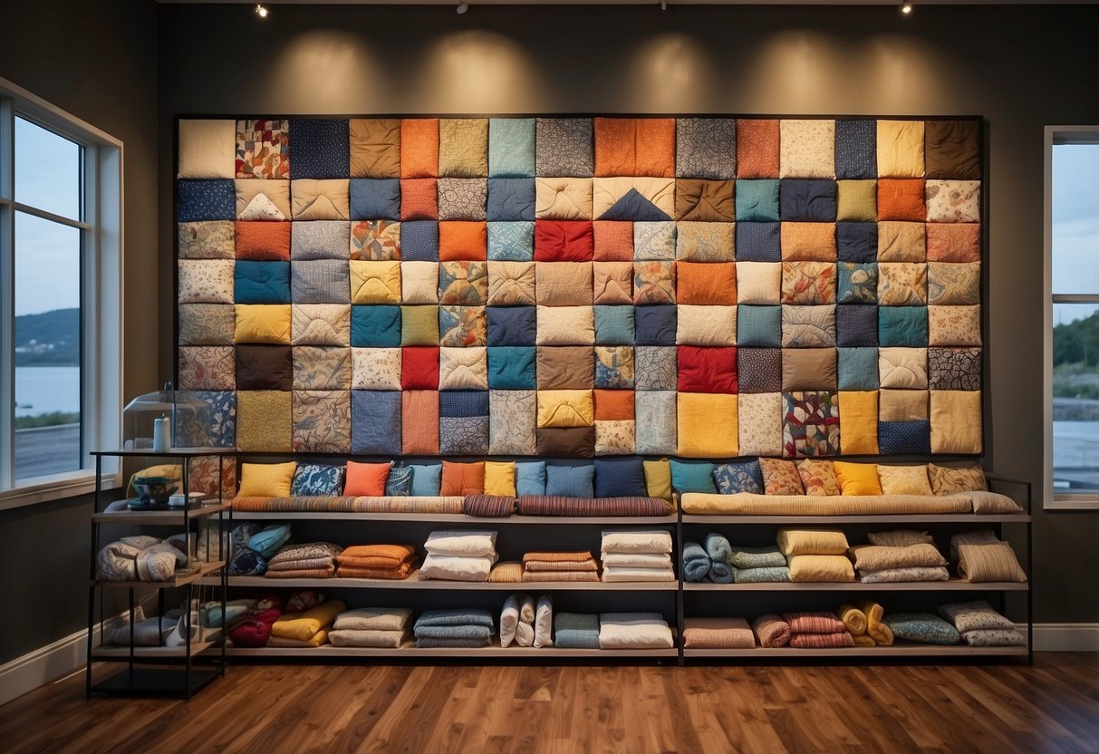 A quilt gallery with floating shelves displays colorful quilts on a wall for home decor