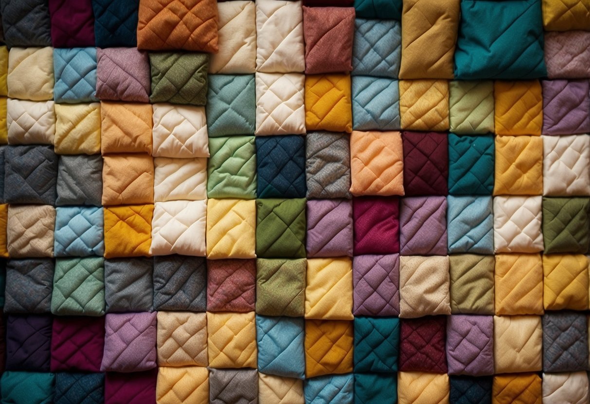 Quilted wall hangings arranged in a grid pattern for home decor