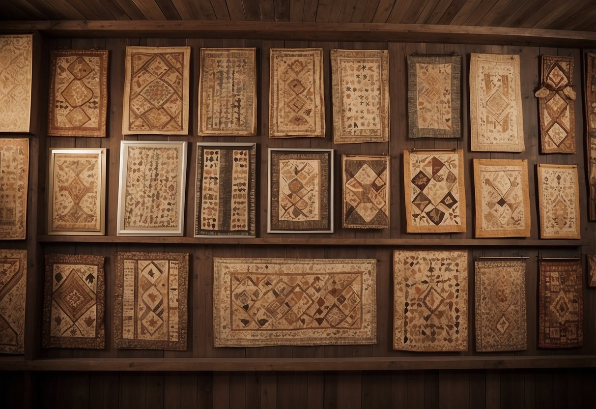 Antique quilts displayed on clipboards, hung on a wall for home decor