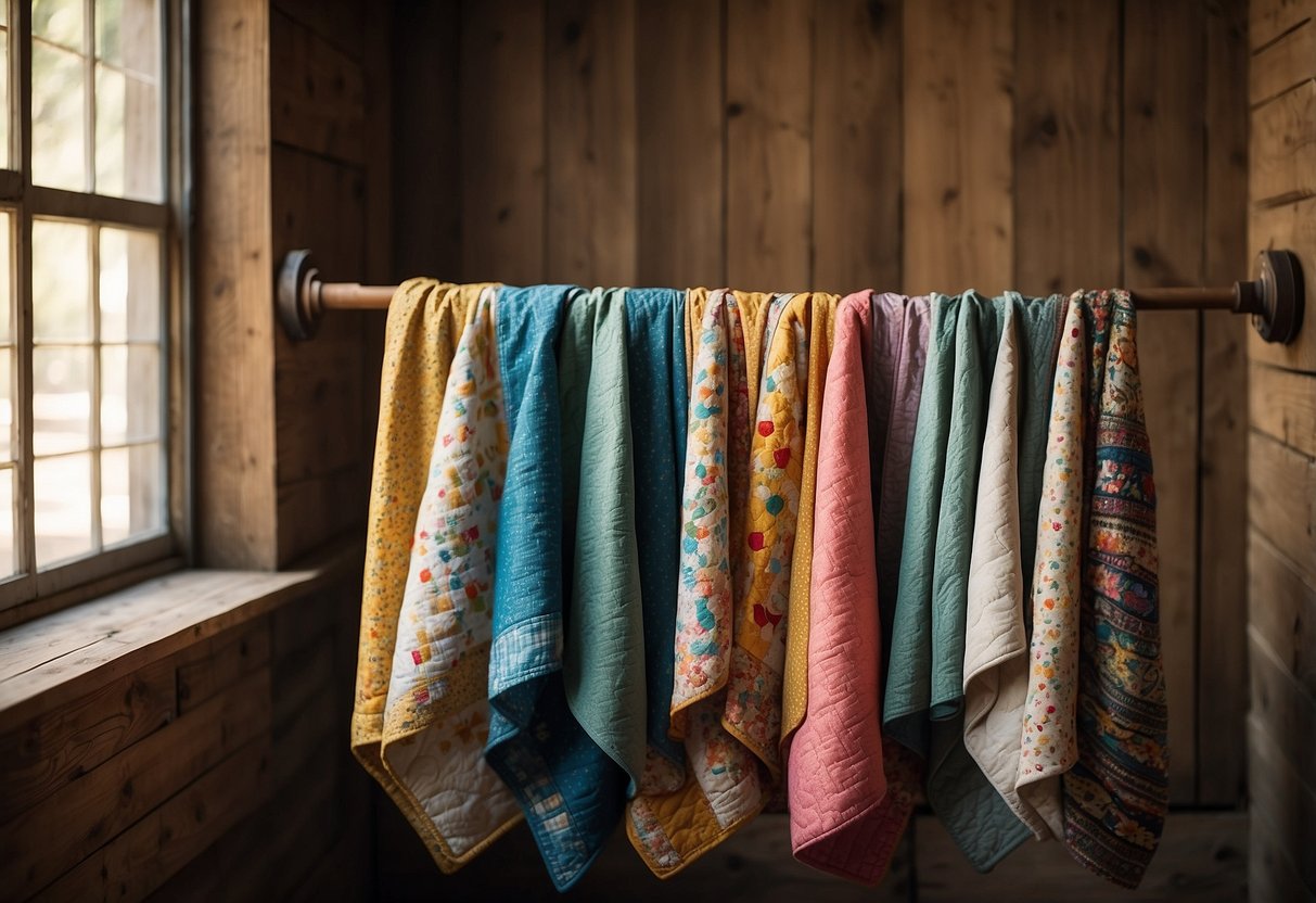 A repurposed quilt rack adorned with colorful quilts, placed against a rustic wooden wall with soft lighting filtering through a nearby window