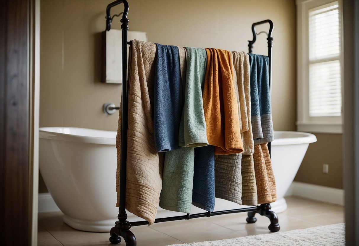 A quilt rack stands against a bathroom wall, holding neatly folded towels. The rack is repurposed as a creative home decor idea