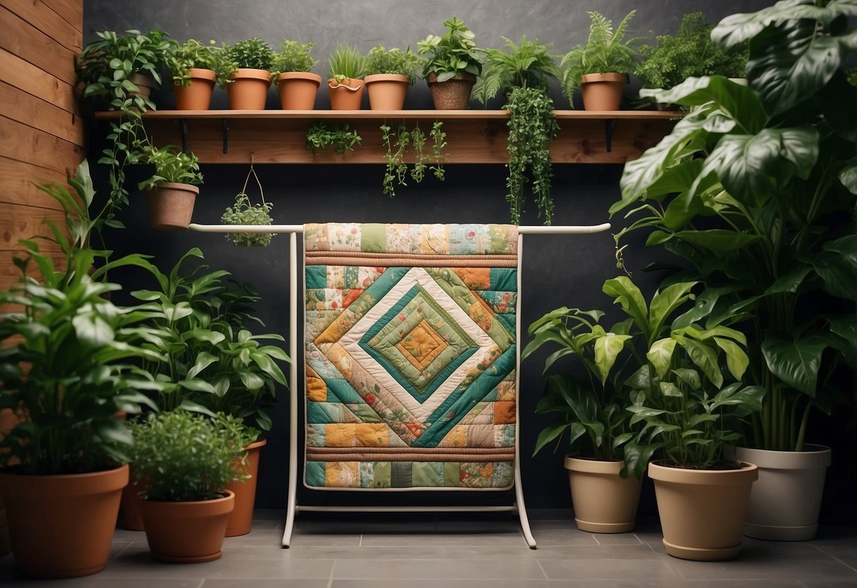 A quilt rack stands against a wall, adorned with lush green plants in stylish pots. The plants cascade over the edges, creating a beautiful and functional display