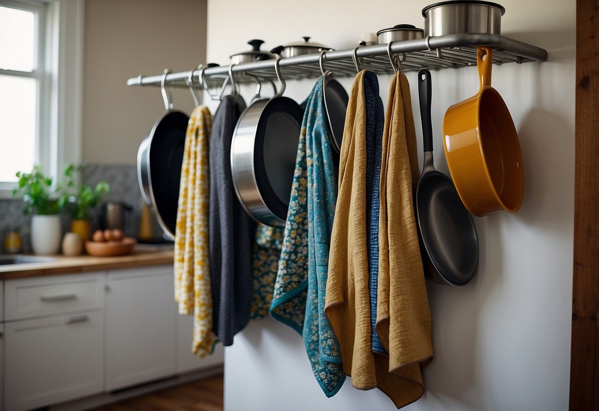 A quilt rack is mounted on the kitchen wall, displaying a collection of pots and pans instead of quilts. The pots hang neatly from the rungs, adding a unique and functional touch to the kitchen decor