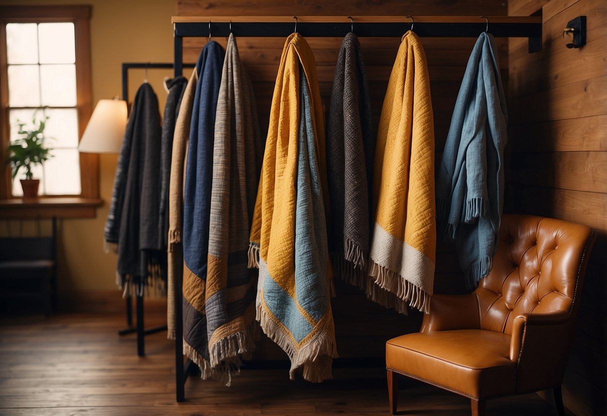 A quilt rack stands against a wall, neatly holding scarves and hats. The room is cozy and inviting, with warm colors and soft lighting