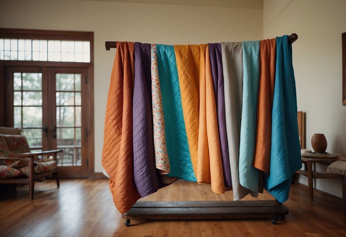 A quilt rack stands tall, dividing the room with colorful quilts draped over its rungs, serving as a decorative and functional home decor piece