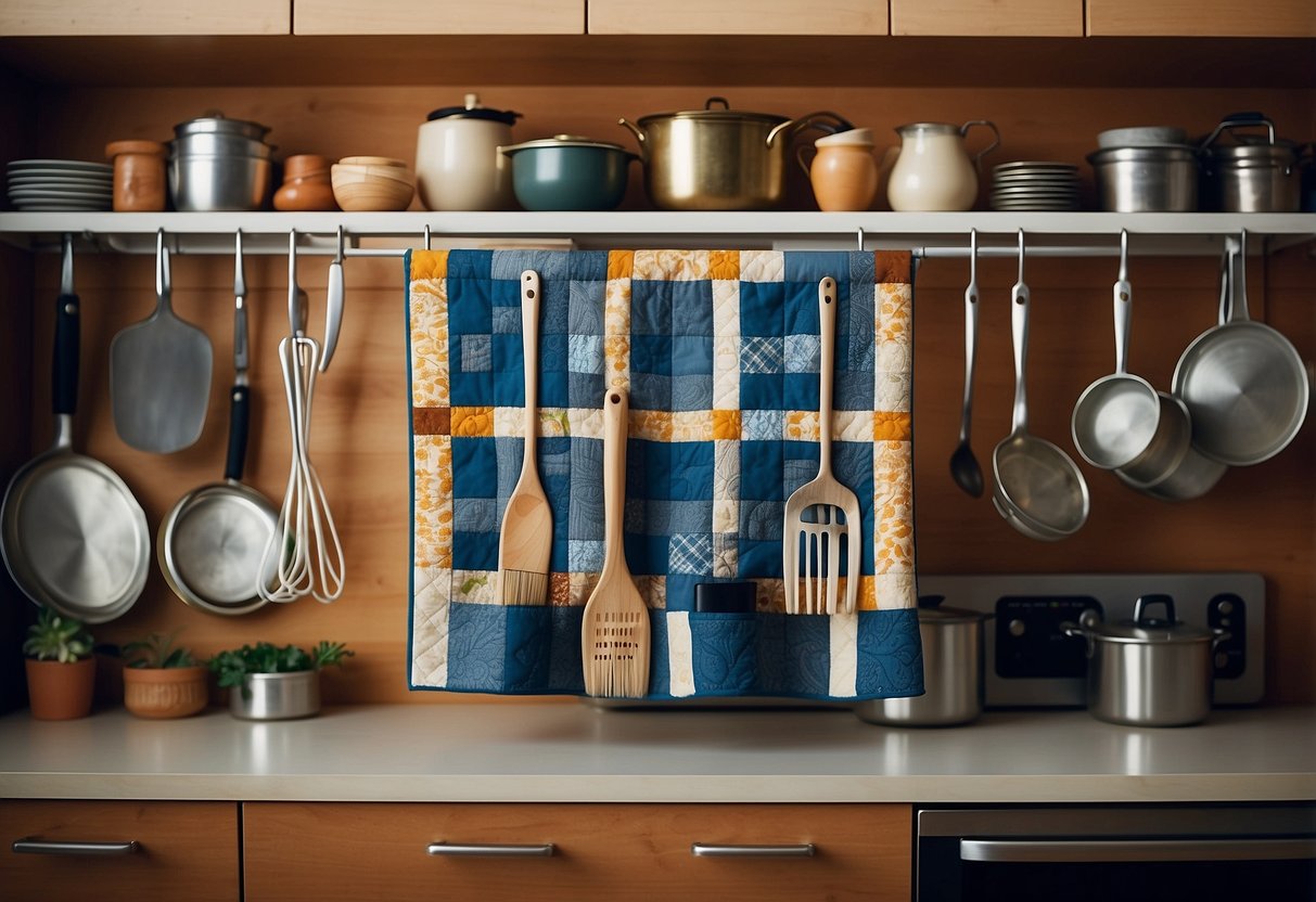 A quilt rack mounted on the kitchen wall holds various utensils, such as spatulas, ladles, and whisks, creating a functional and decorative display