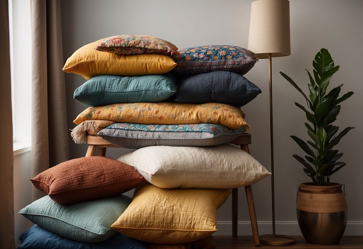 A wooden quilt rack stands against a wall, adorned with colorful throw pillows. The pillows are neatly arranged, adding a cozy touch to the room