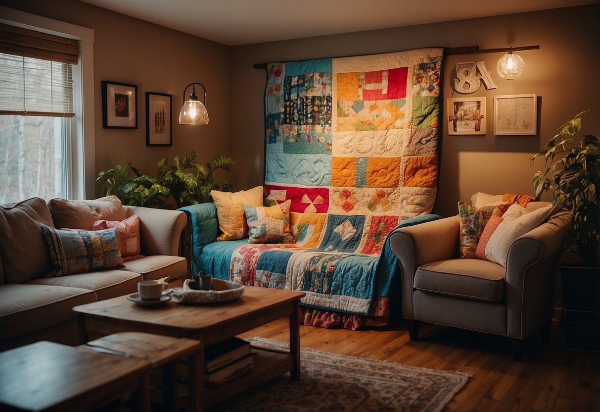 A cozy living room with repurposed quilt racks displaying colorful quilts as decorative wall hangings