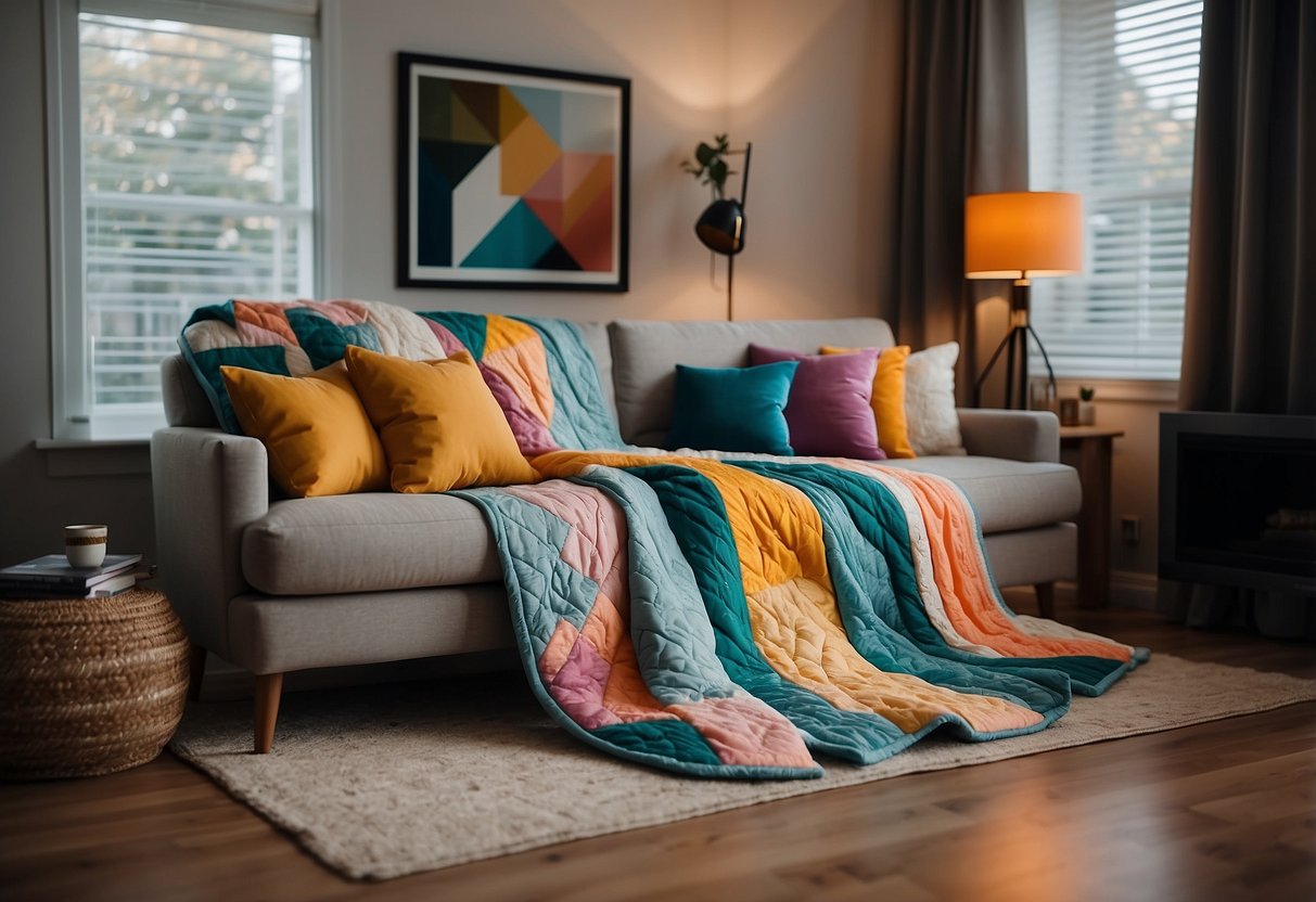 A cozy living room with a colorful quilted throw draped over a modern sofa, matching quilted pillows, and a quilted wall hanging adding texture and warmth to the space