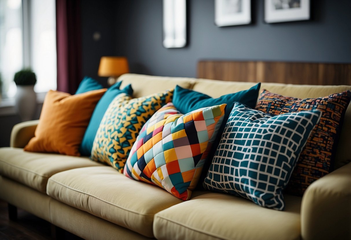 Vibrant patchwork pillows arranged on a modern sofa, with bold geometric patterns and contrasting colors