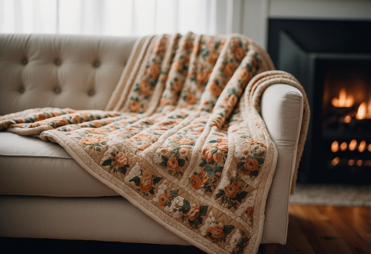 A cozy living room with a vintage floral throw blanket draped over a plush sofa, adding a touch of elegance to the contemporary quilted home decor