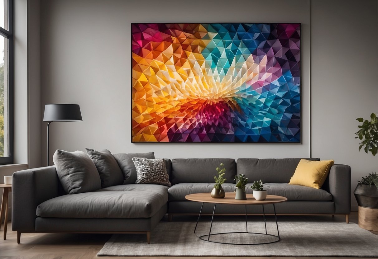 A colorful quilted wall art piece hangs in a modern living room, adding a vibrant and eco-friendly touch to the contemporary decor