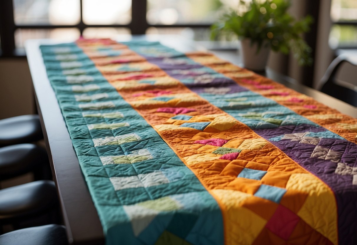 Colorful table runners arranged on a modern dining table, featuring intricate hand-stitched quilting patterns and contemporary design elements