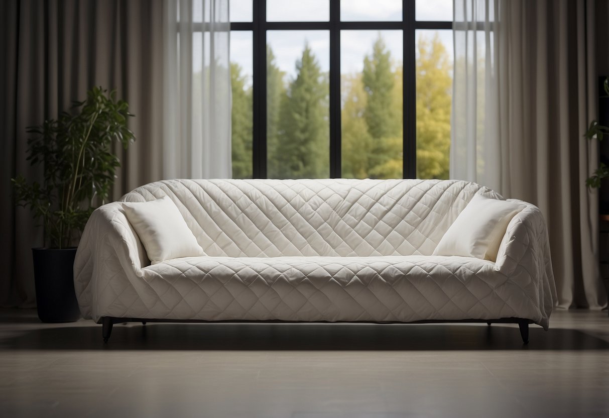 A modern quilted sofa cover drapes over a sleek sofa, adding a touch of contemporary style to the room