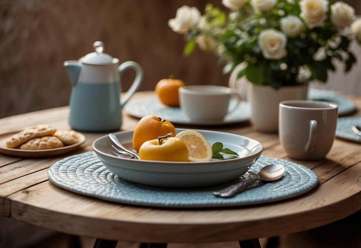 A rustic table set with quilted placemats, adding a contemporary touch to the home decor