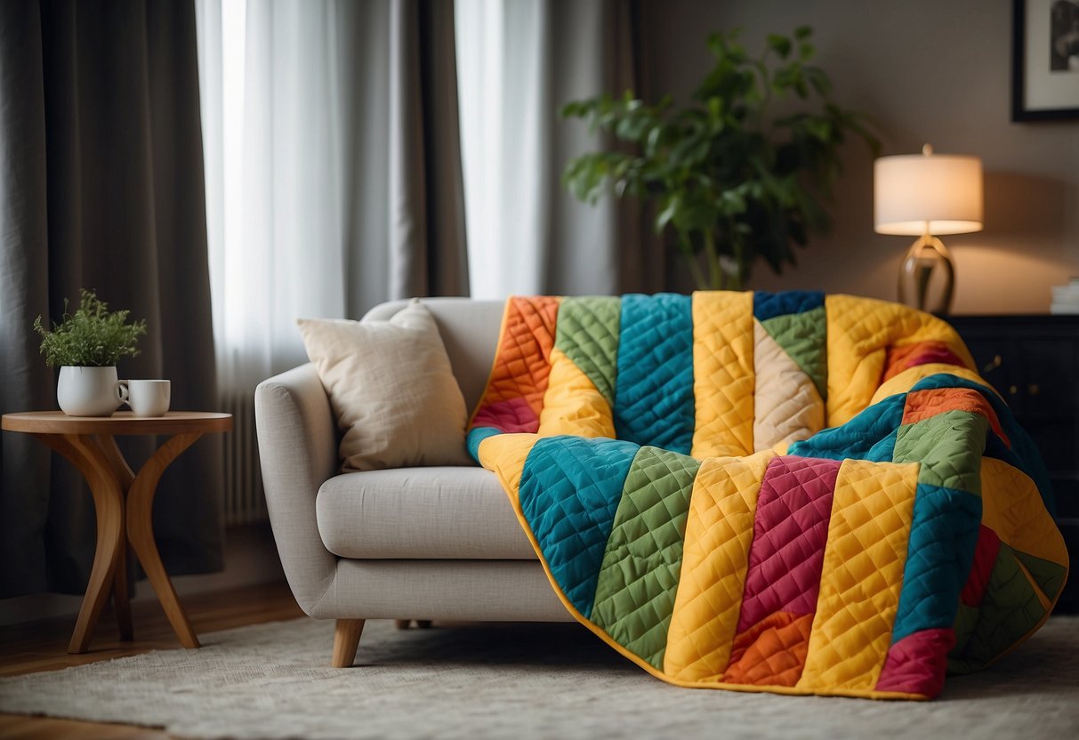 A cozy living room with a colorful quilted throw draped over a plush sofa. A matching quilted pillow sits on a nearby armchair, adding a touch of warmth and comfort to the modern decor