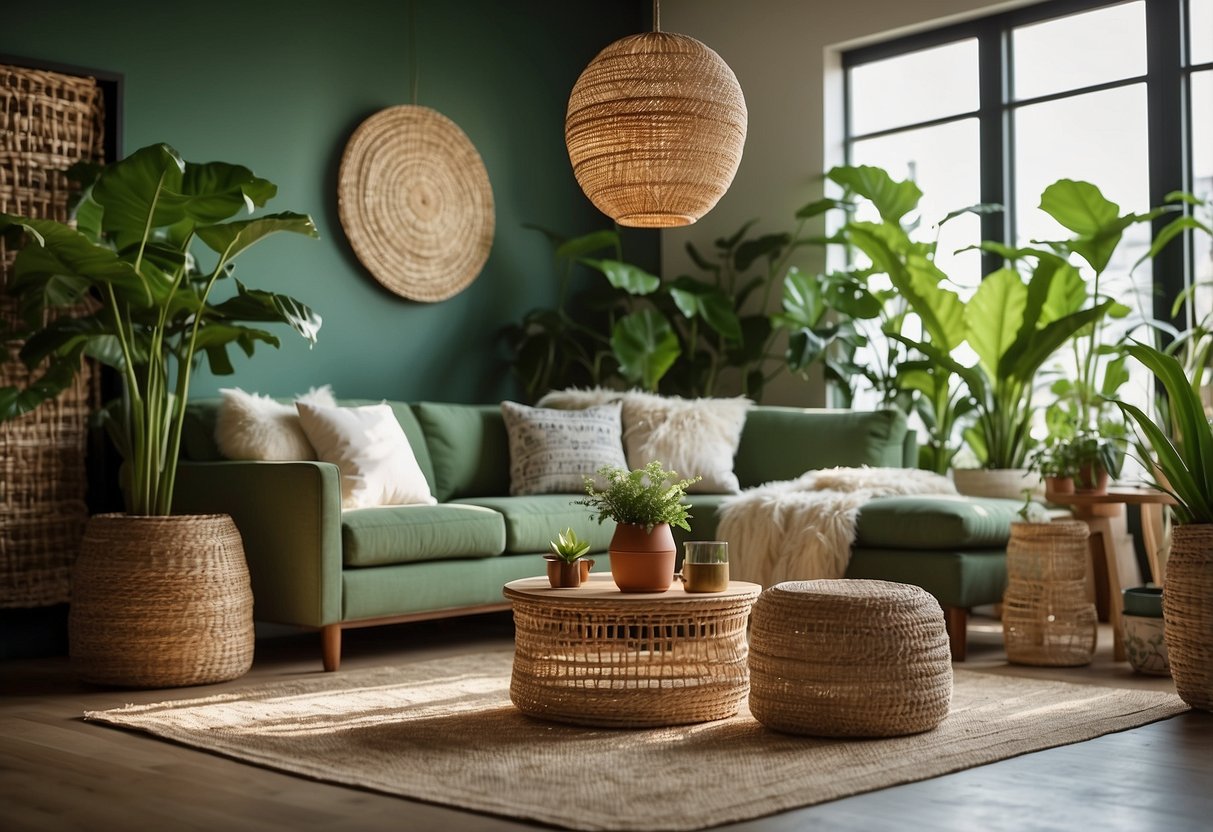 A cozy living room with rattan furniture, hanging pendant lights, and woven wall decor. Green plants and natural light add to the earthy, bohemian vibe