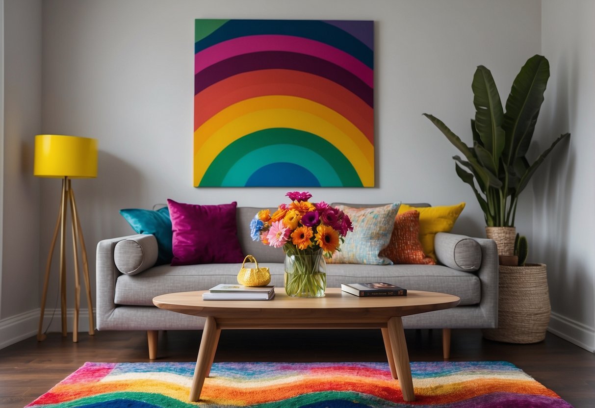 A living room with a colorful rainbow rug, throw pillows, and wall art. A vase of vibrant flowers sits on a side table, adding to the cheerful decor