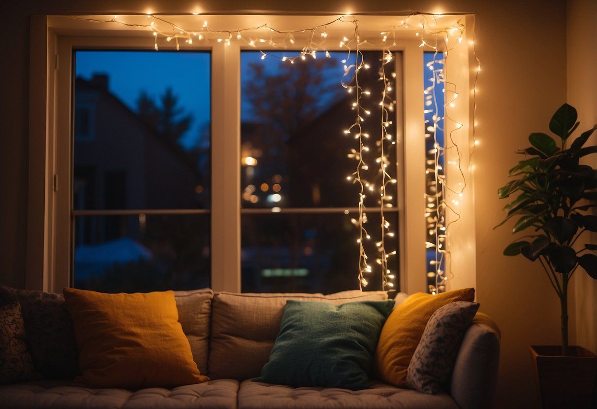 Colorful rainbow string lights hang in a cozy living room, casting a warm and inviting glow. The lights are draped around the window frames, creating a whimsical and magical atmosphere