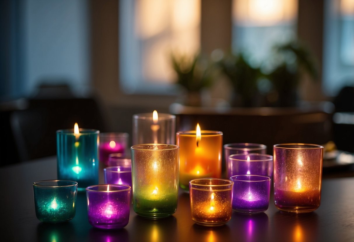 A table with rainbow-colored candle holders casting vibrant hues across the room