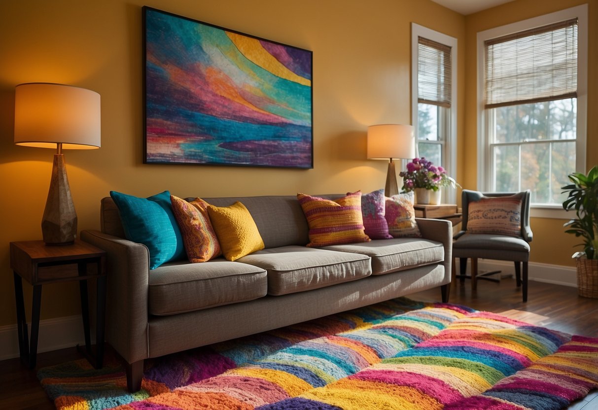 A living room with rainbow-colored throw pillows, a vibrant rug, and colorful wall art. The sun shines through the window, casting a spectrum of colors across the room