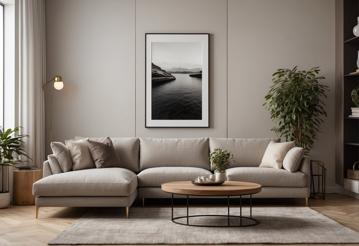 A rectangular living room with a neutral color palette, a large area rug, a sleek sectional sofa, a minimalist coffee table, and wall-mounted shelves displaying art and decor