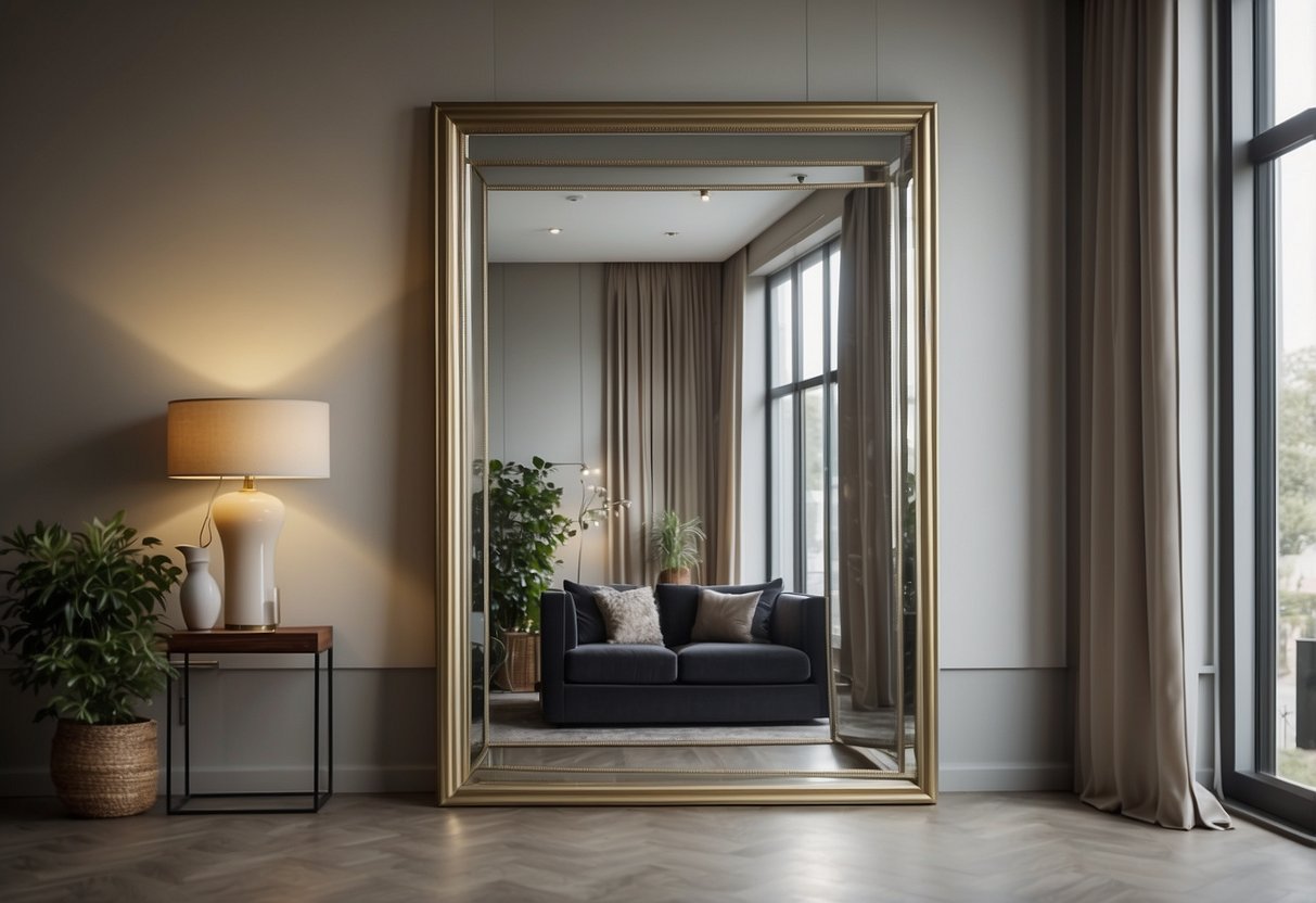 A large mirror hangs on the wall, reflecting the room to create the illusion of width in a rectangular living room