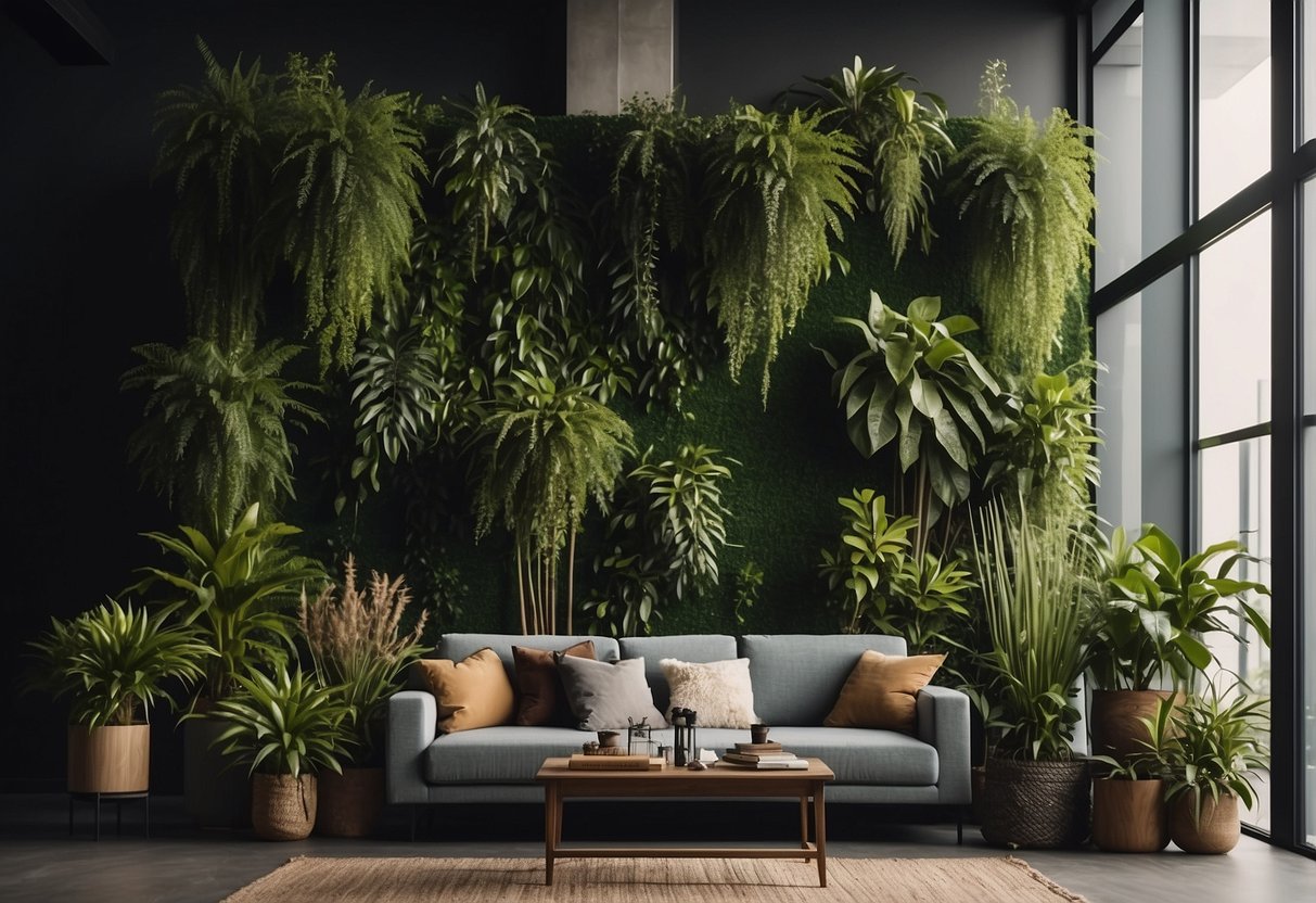 Tall plants fill a rectangular living room, adding vertical dimension to the space