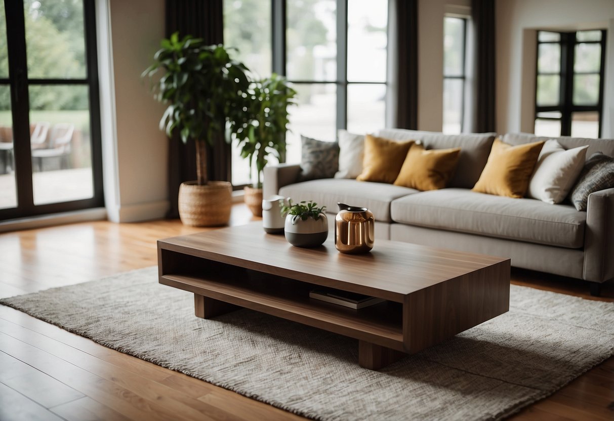 A long, rectangular coffee table sits in the center of a spacious living room, adorned with elegant decor and surrounded by comfortable seating