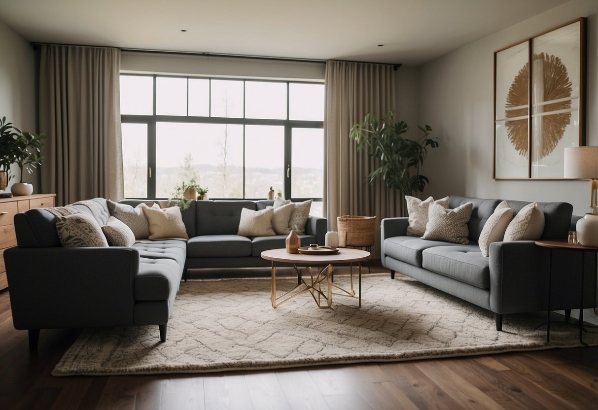 A rectangular living room with textured rugs, patterned throw pillows on a cozy sofa, and a mix of wood and metal furniture