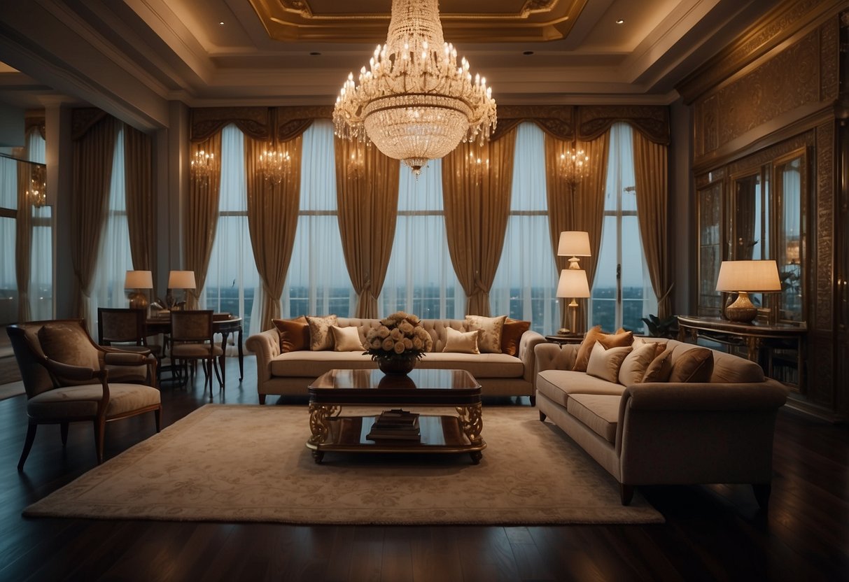 A lavish living room with ornate furniture, luxurious fabrics, and intricate decorative accents. A grand chandelier hangs from the ceiling, casting a warm glow over the opulent space