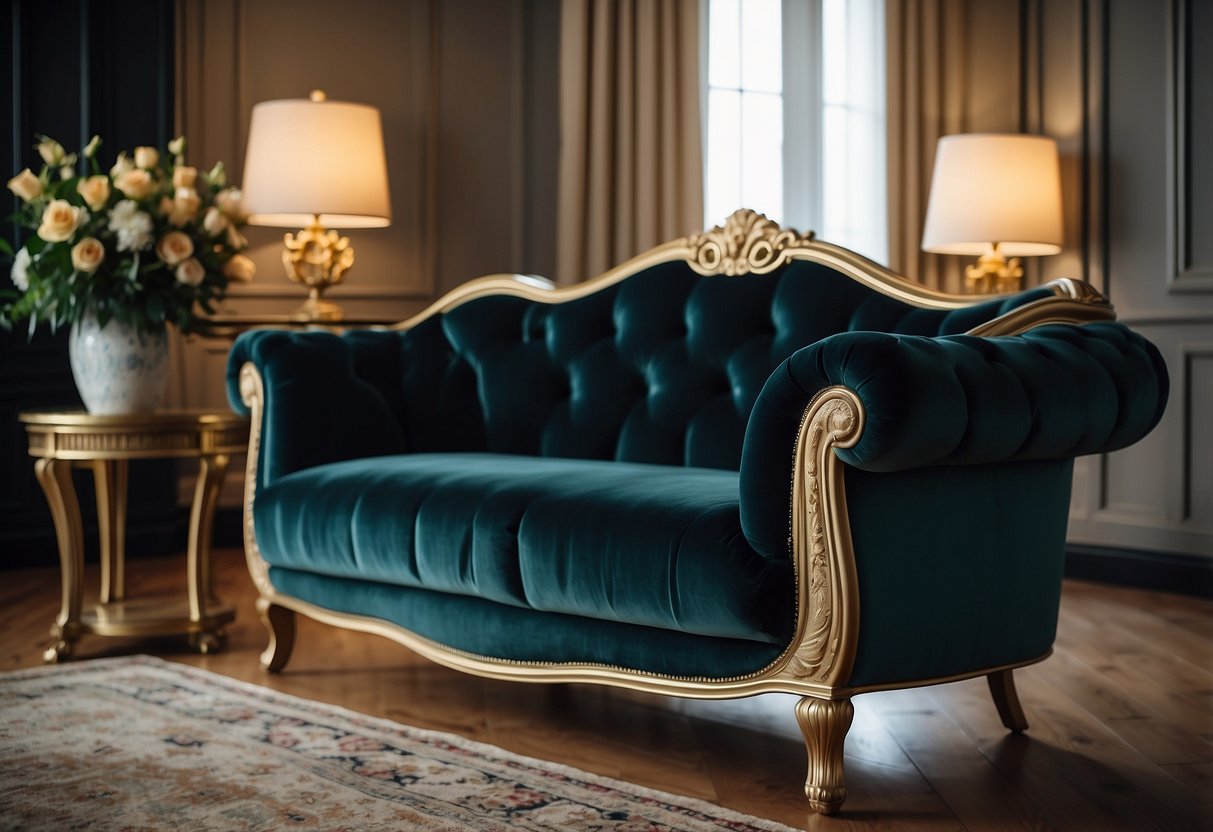 A luxurious velvet tufted sofa sits in an opulent living room, surrounded by elegant decor and soft lighting