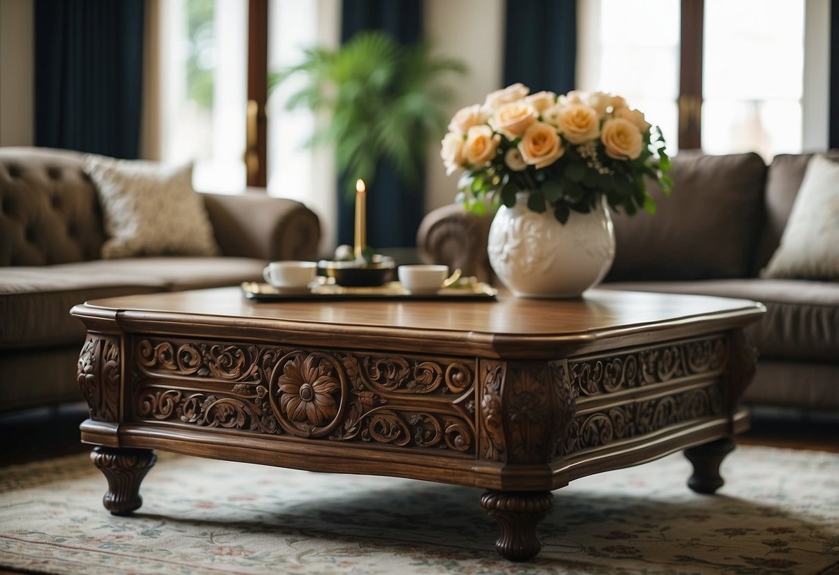 A hand-carved wooden coffee table sits in an opulent living room, surrounded by luxurious furnishings and elegant decor